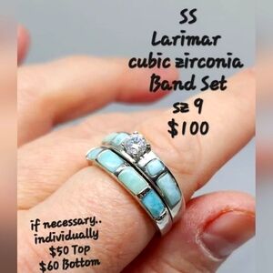 Sterling silver , Larimar  cubic zurcobia band set , Size 9